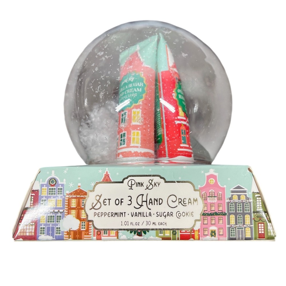 Pink Sky Holiday Hand Cream Set of 3 Peppermint Vanilla Sugar Cookie Snow Globe
